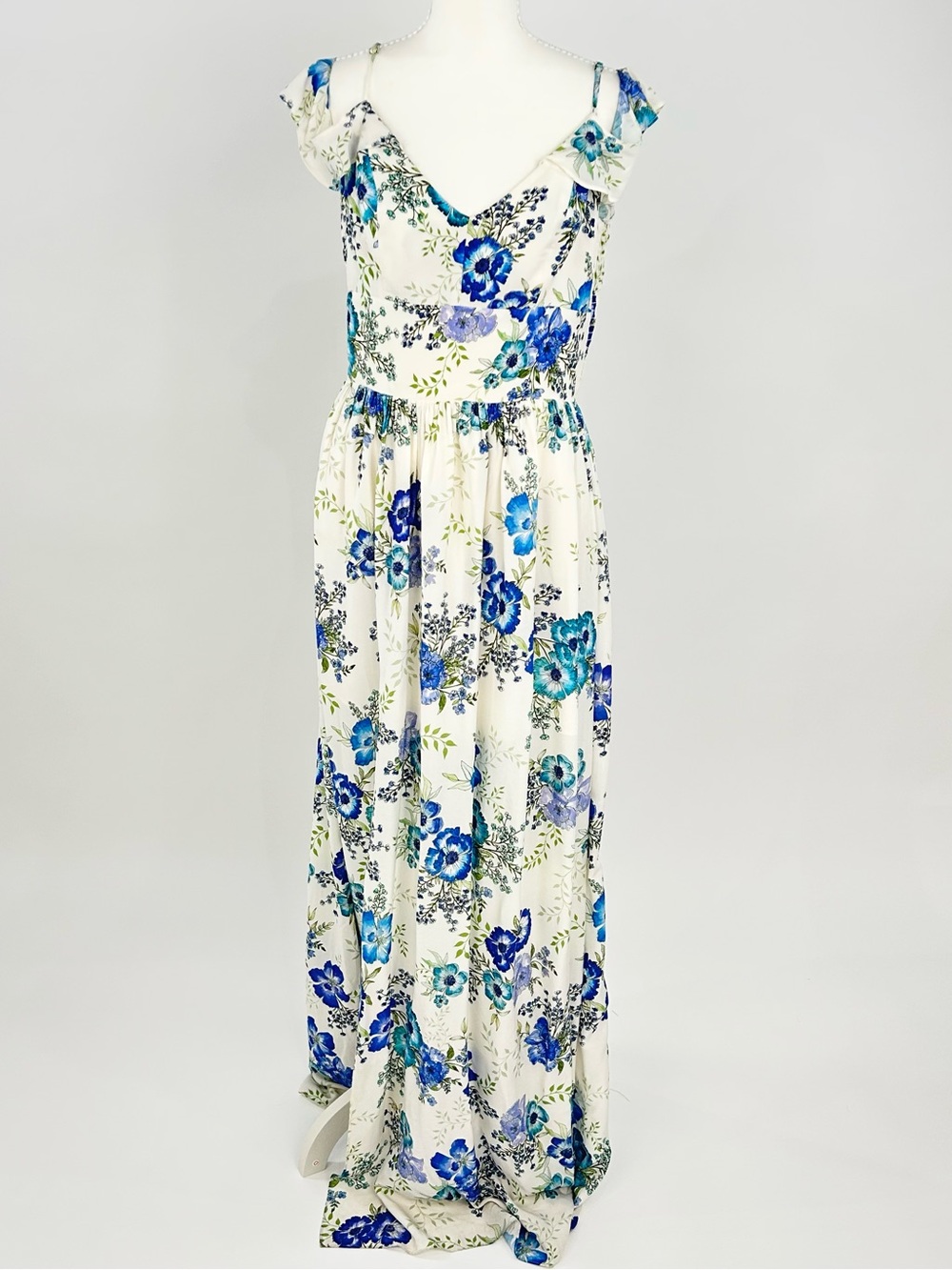 Amanda Uprichard Wren Maxi Dress L Blue Floral Flutter Strap Wedding Guest